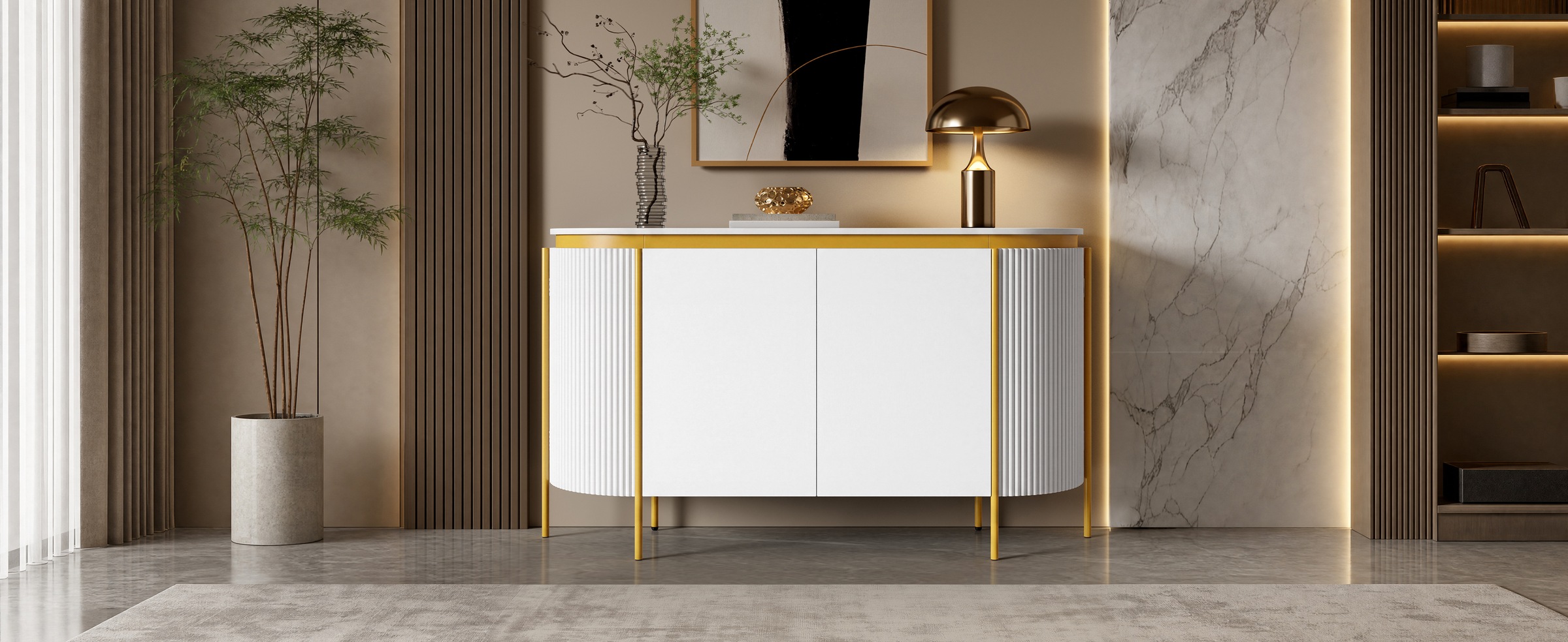 Buffet Blanc, 4 Portes, Rangement, Gestion des Câbles, Design Moderne, Angles Arrondis, Façade Texturée - Panneau composite de fibres de bois à densité et Métal - 140x38x80cm 1
