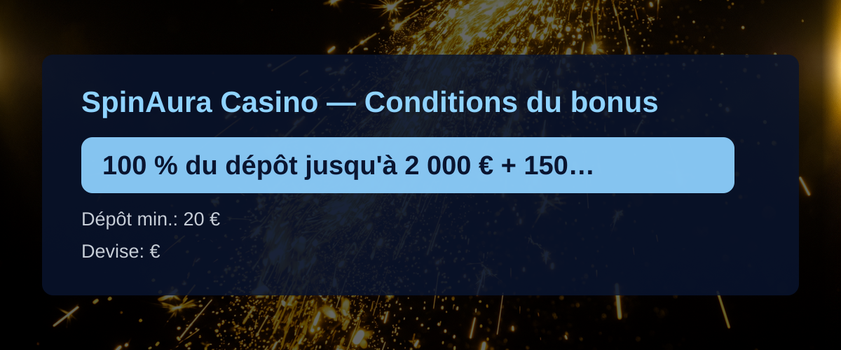 SpinAura Casino — Conditions du bonus: 100 % du dépôt jusqu'à 2 000 € + 150 FS