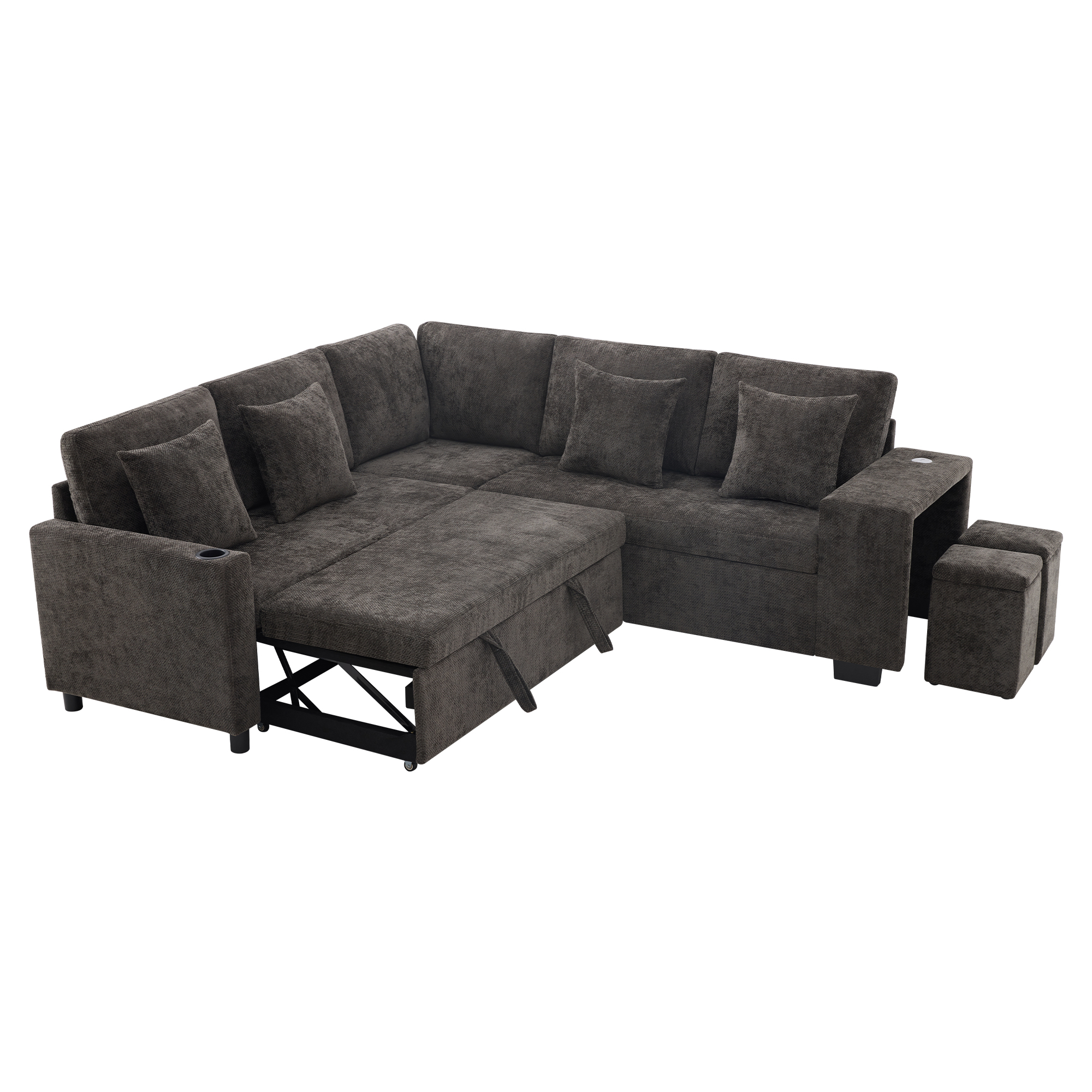 Canapé d'angle convertible beige sur fond blanc