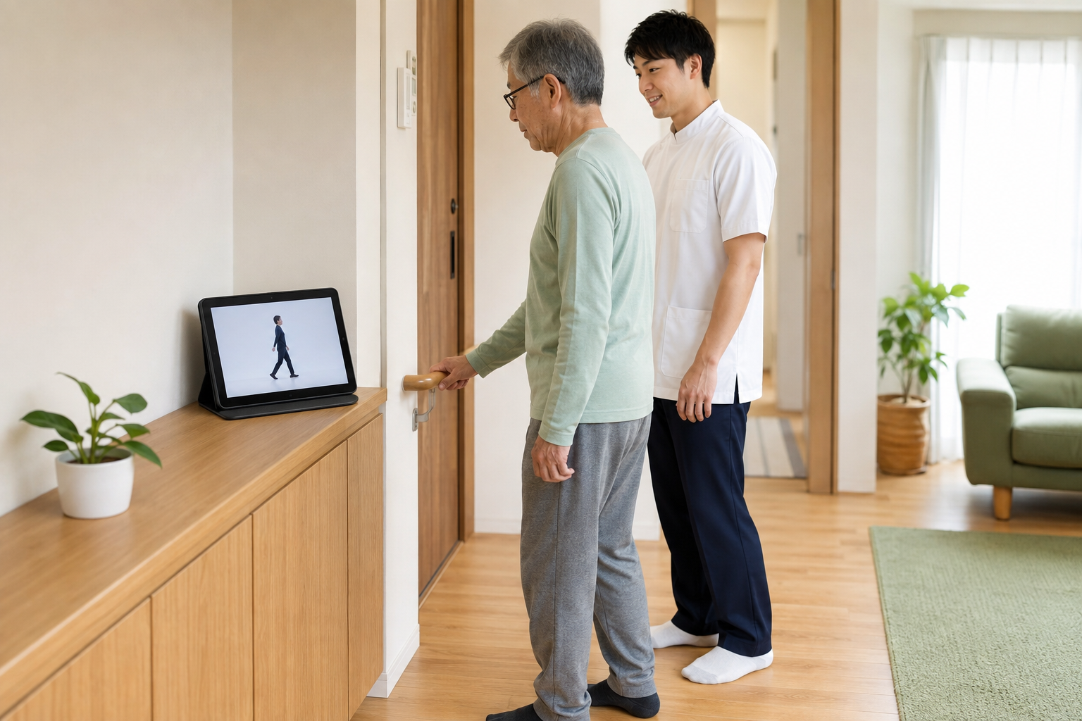 歩行動画を観察してから動作練習へ移る場面