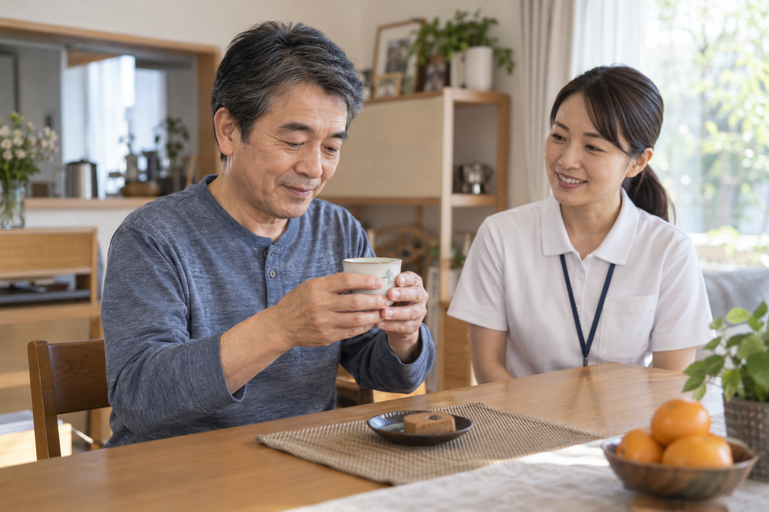 両手でコップを持つ生活動作を練習する脳卒中後の方