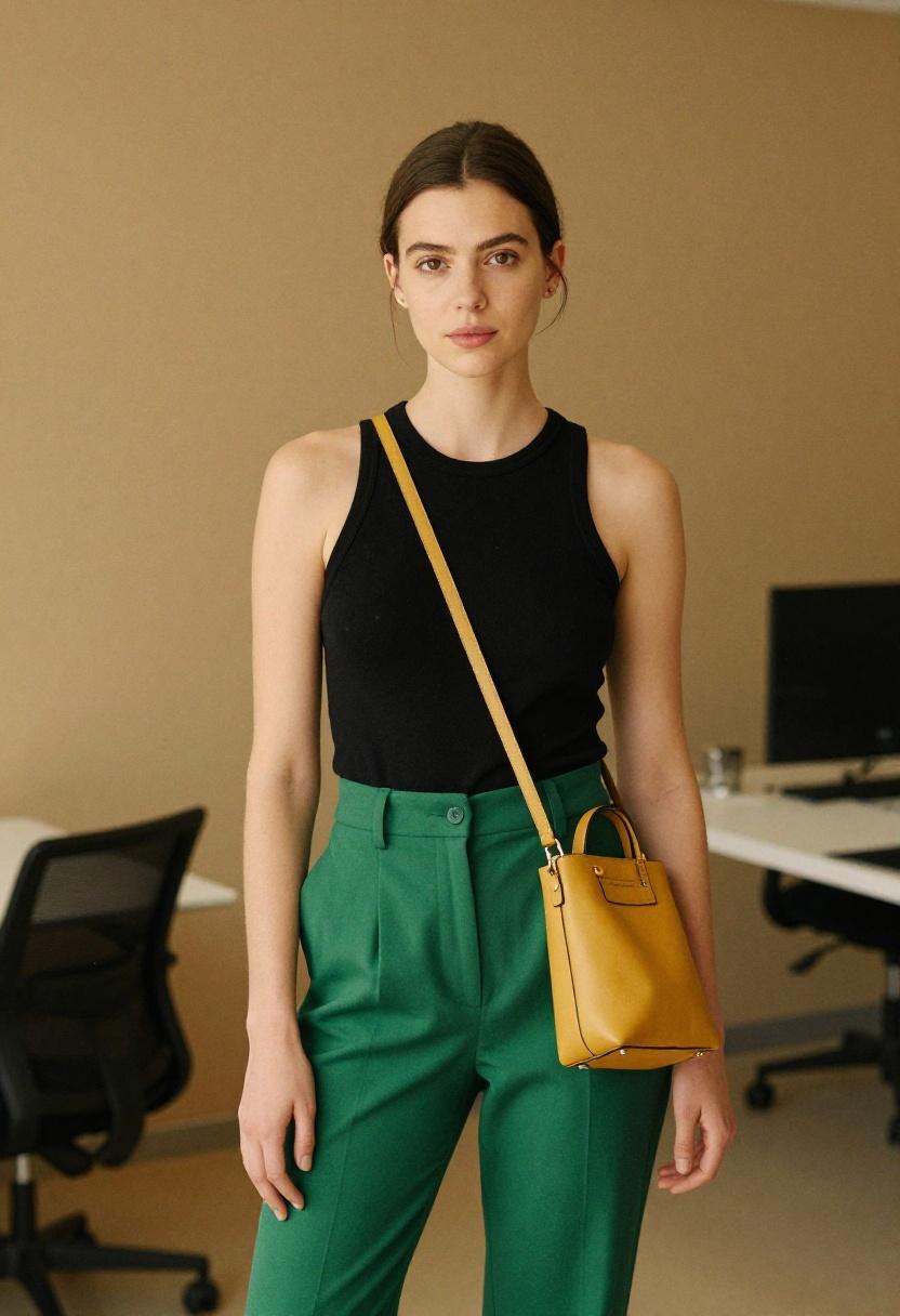 Woman in emerald trousers with mustard crossbody bag creating sophisticated two-tone bold color look for modern professional