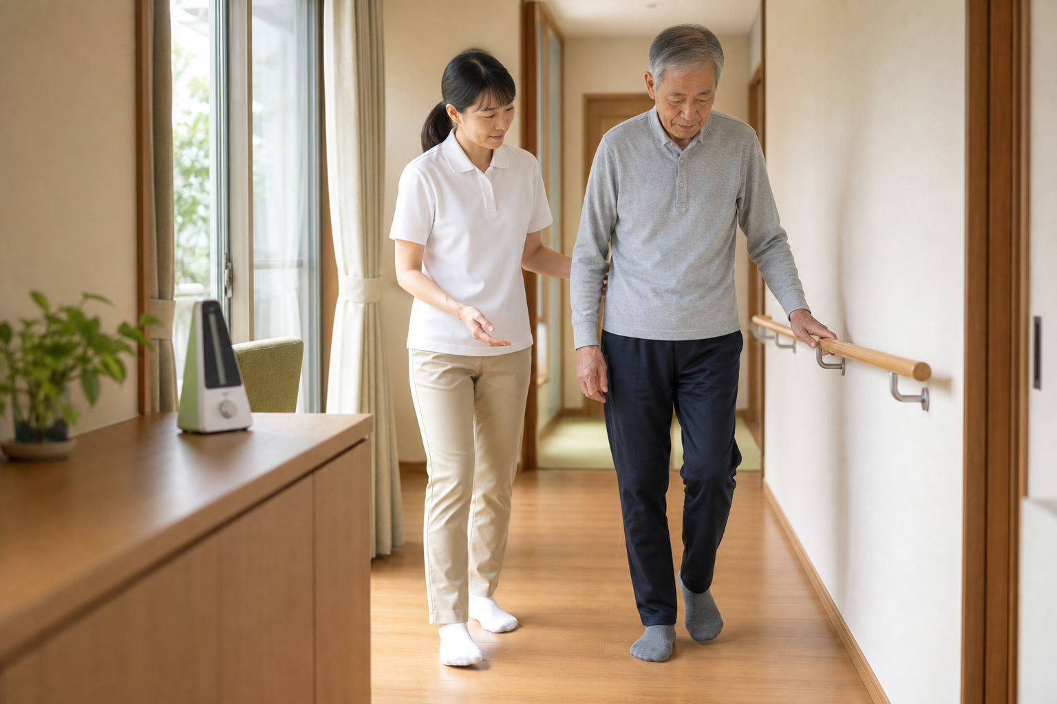 自宅の廊下で手すりを使い専門職の見守りを受けながら歩く高齢男性