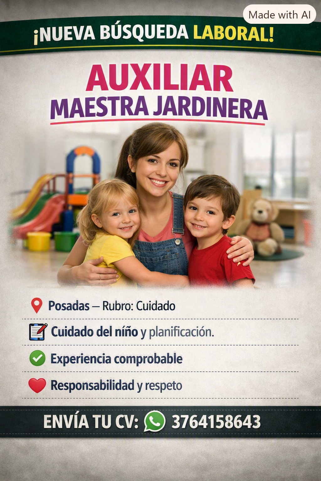 Se Busca Auxiliar Maestra Jardinera en Posadas