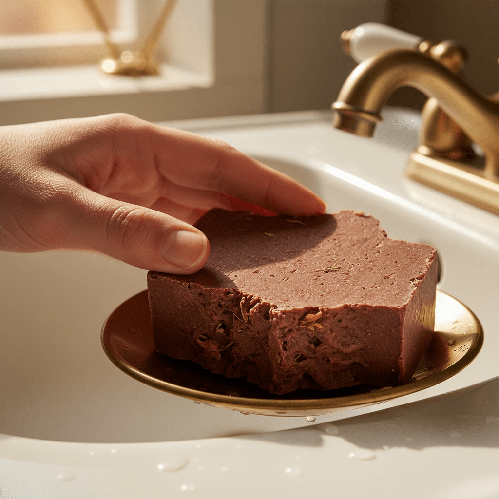 Close-up of a handcrafted soap bar beside a dry hand with soft skin texture, clean bathroom sink, warm natural light