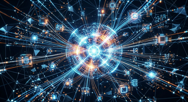 Automazioni AI: guida completa e pratica all’automazione intelligente in azienda 5 Un'immagine astratta di un nodo centrale luminoso che funge da orchestratore, collegando vari componenti tecnologici in una rete per rappresentare l'architettura di automazione.