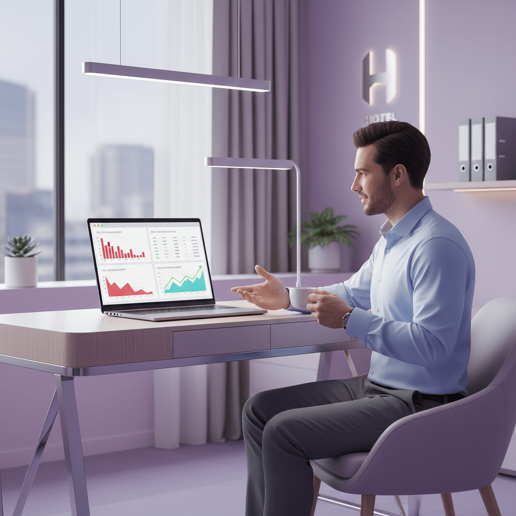 Hotel guest reviewing OTA commissions and direct booking analytics