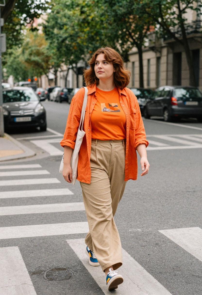 Tangerine graphic tee layered under open linen shirt for effortless urban spring plus size street style