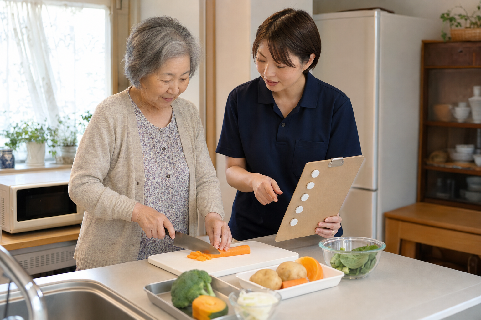 自宅の台所で専門職と一緒に調理手順を確認する様子