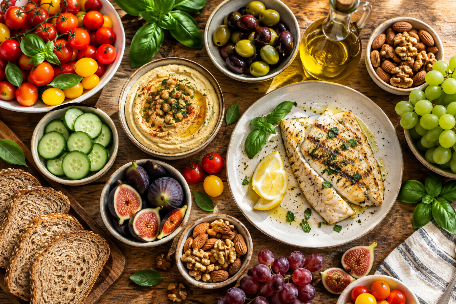 Repas méditerranéen sain avec poisson grillé, légumes frais colorés, fruits et huile d'olive