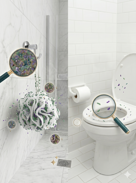 Microscopic visualization comparing 28 bacteria colonies on a generic loofah versus 2 on a toilet seat