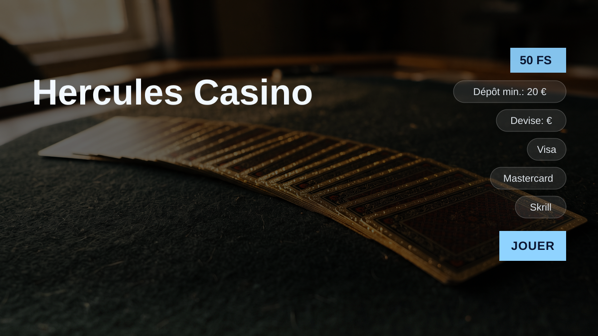 Hercules Casino — bonus de bienvenue 100 % jusqu'à 300 € + 50 FS, paiements: Visa, Mastercard, Skrill, Neteller, Paysafecard