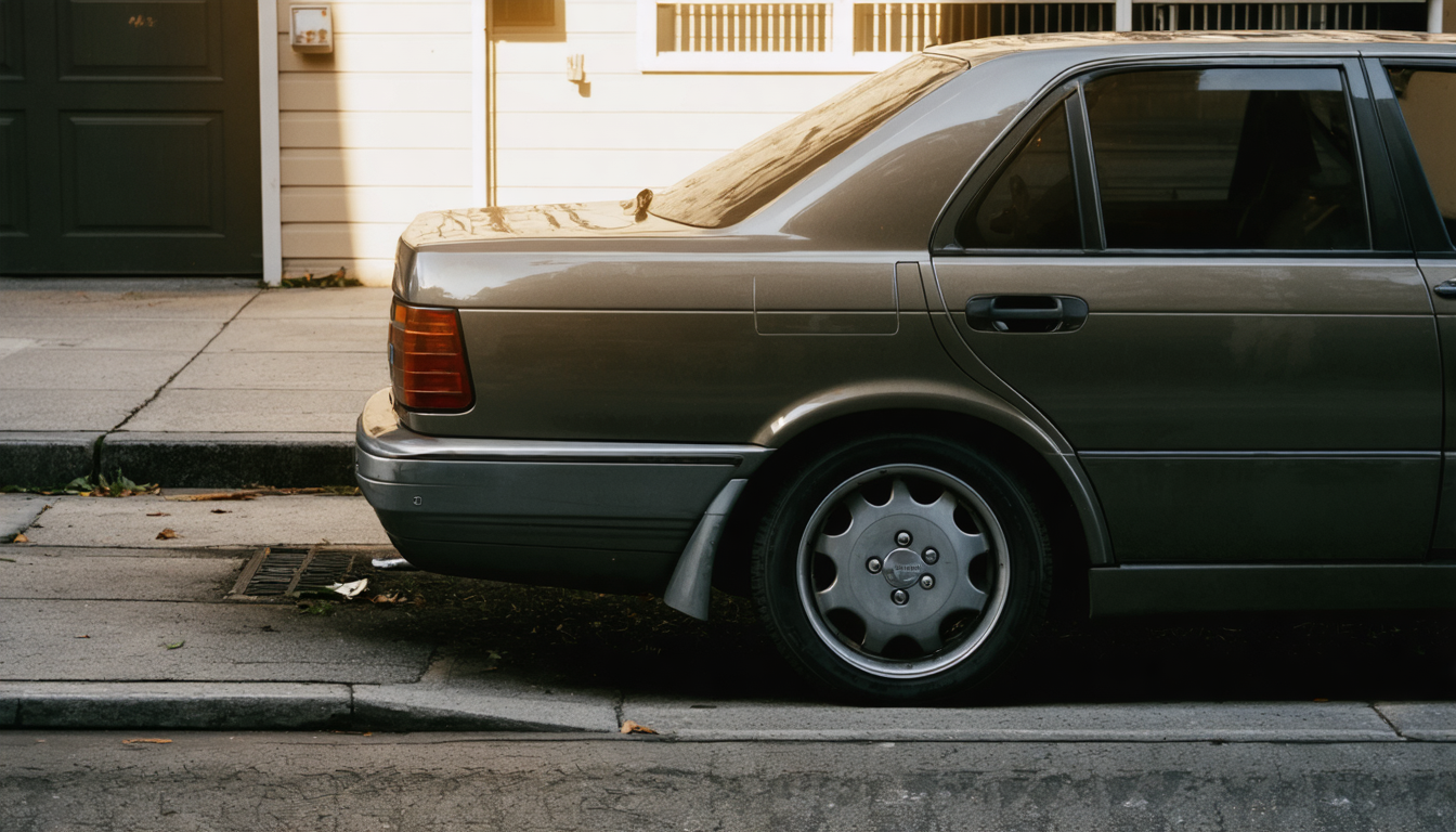 A car at rest alongside a curb on a quiet urban street, viewed from a distance, with late afternoon light.