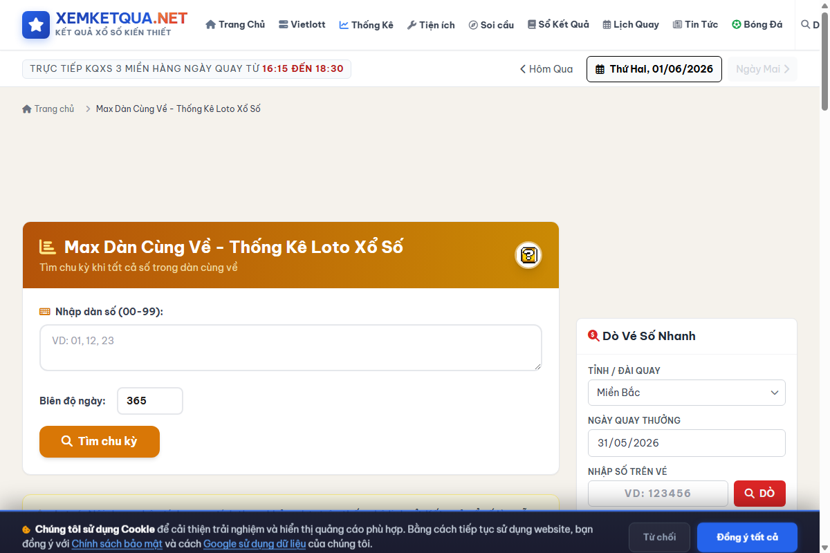 Hướng dẫn cách xem và sử dụng Thống kê max dàn cùng về trên Xemketqua.net