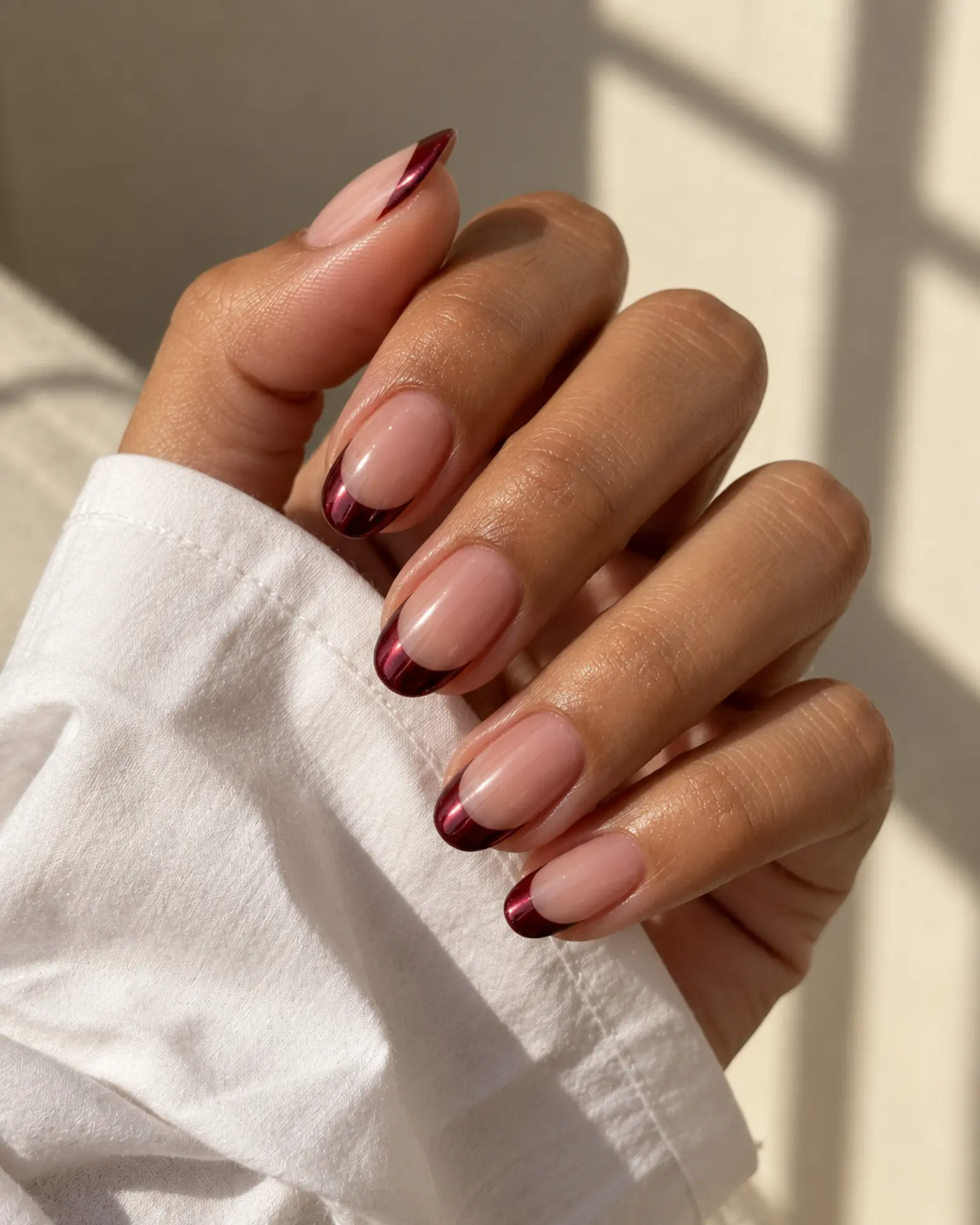 Wine Soft Metallic French manicure inspiration for date night nail ideas