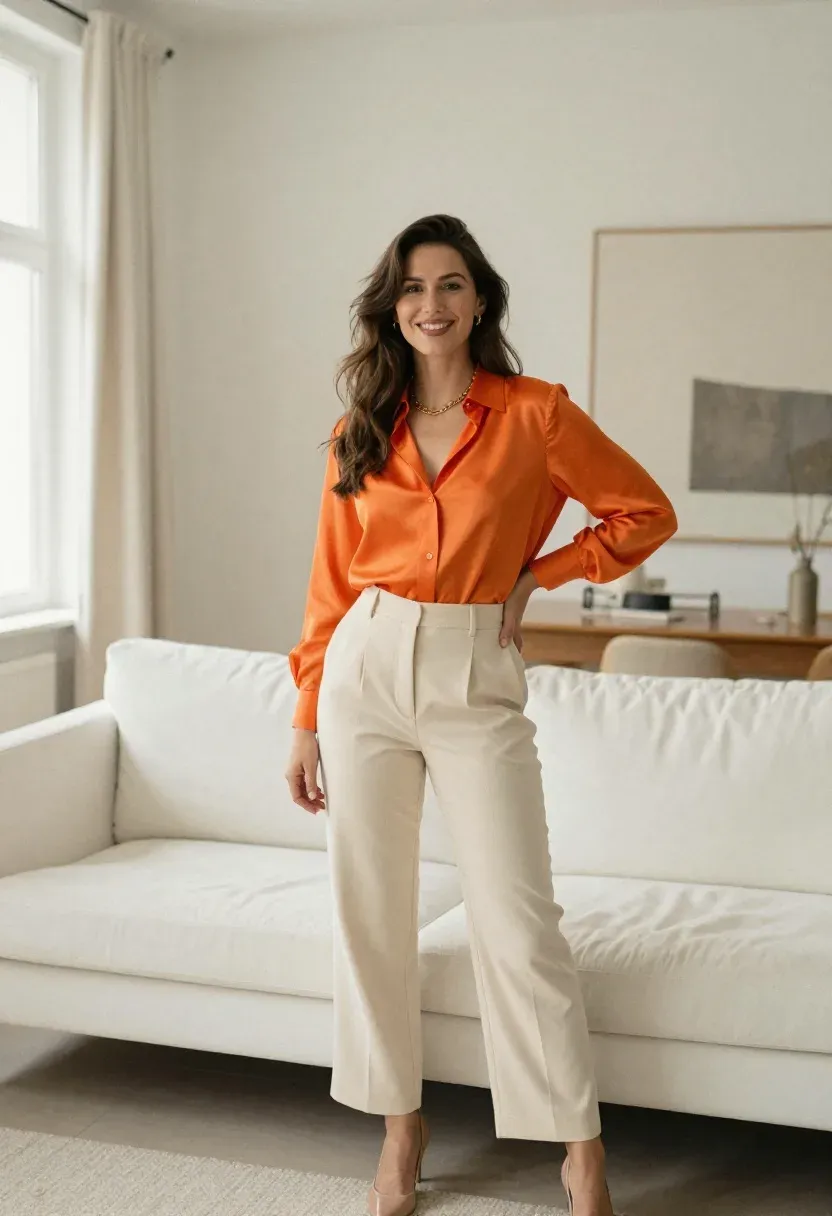 Tall brunette woman in a tangerine orange silk blouse and cream wide-leg trousers in a modern apartment