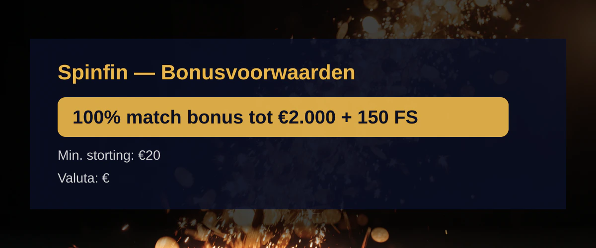 Spinfin — Bonusvoorwaarden: 100% match bonus tot €2.000 + 150 FS
