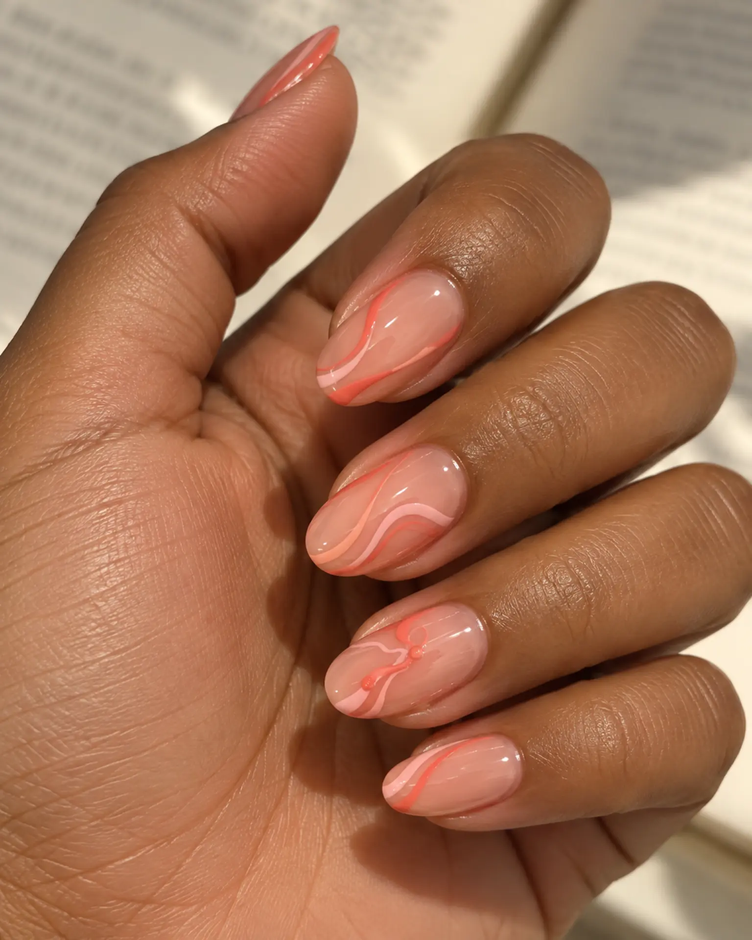 Coral Fine Swirls manicure inspiration for round nail ideas