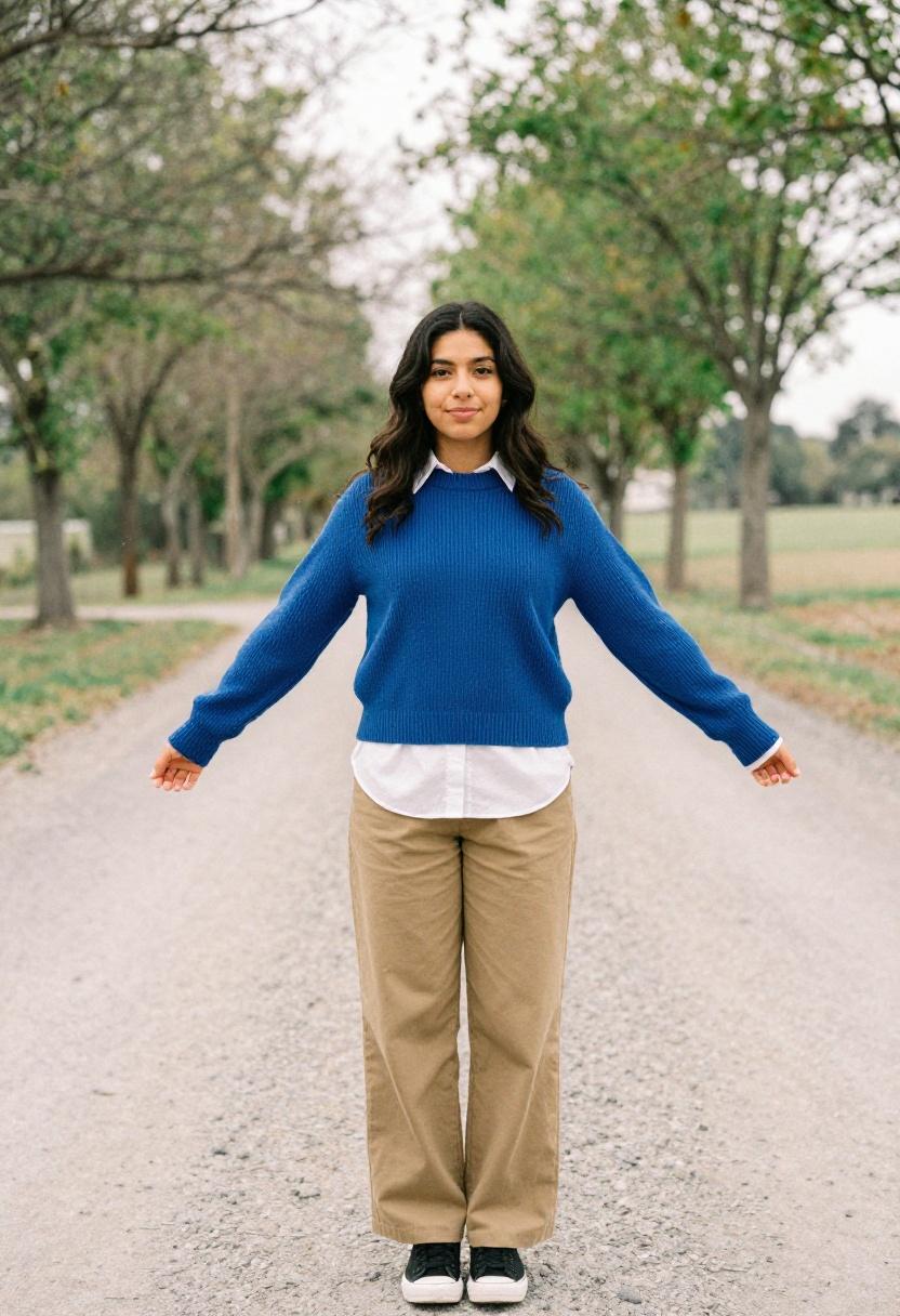 Cobalt blue sweater vest over white collared shirt, preppy spring editorial on open road