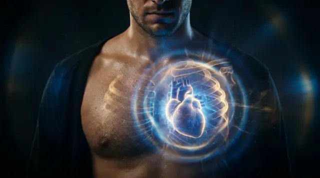Glowing electromagnetic field radiating from a human heart through translucent chest, ethereal blue-gold light