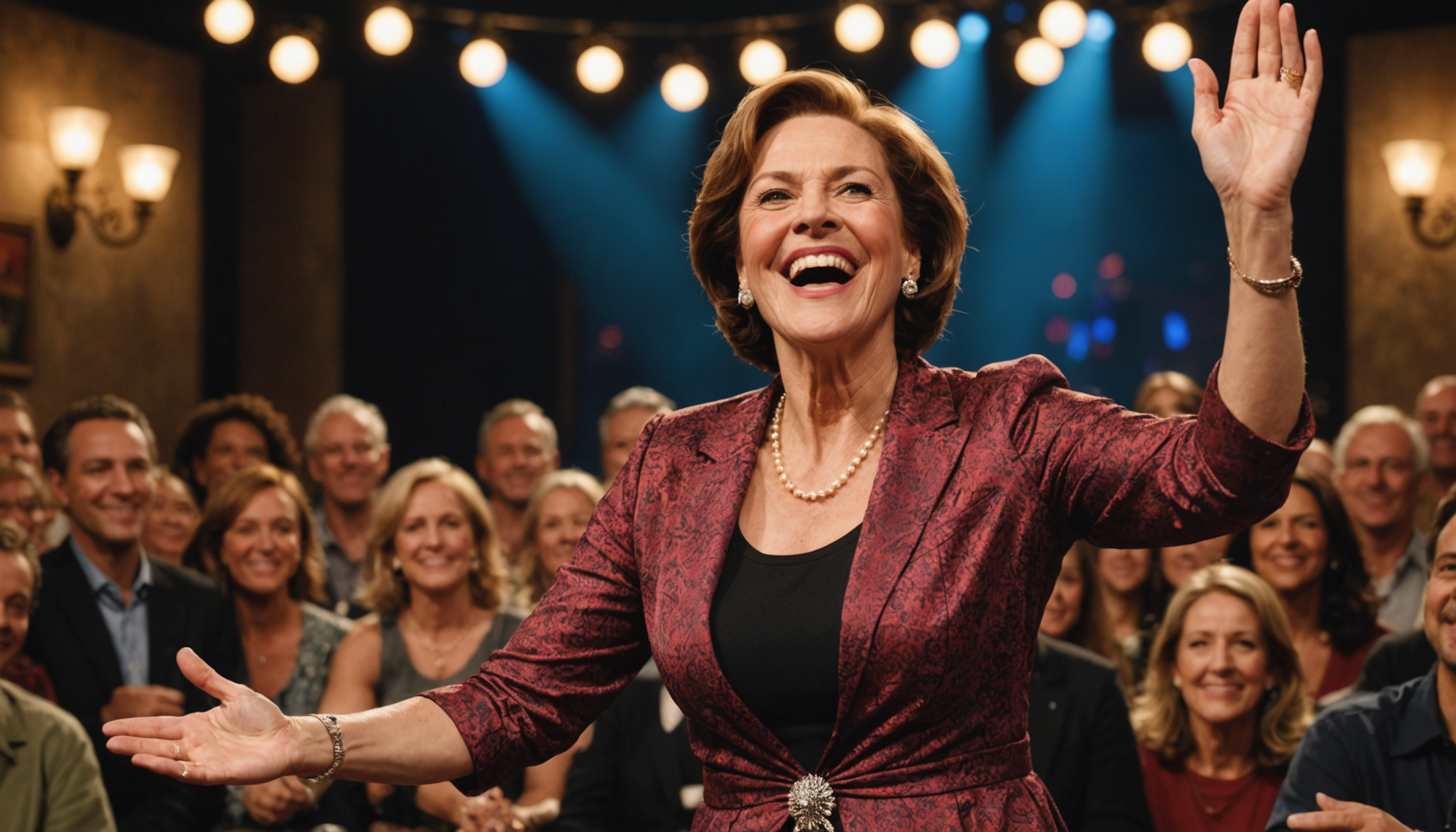 Joyful comedic artist performing with fans on stage