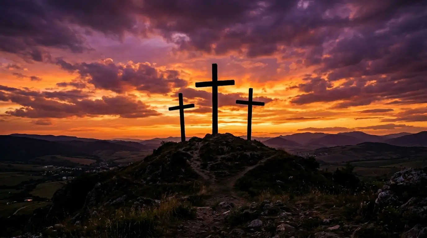 Cruces de Jesús: Tres cruces de madera sobre la colina del Calvario con un cielo dramático al atardecer