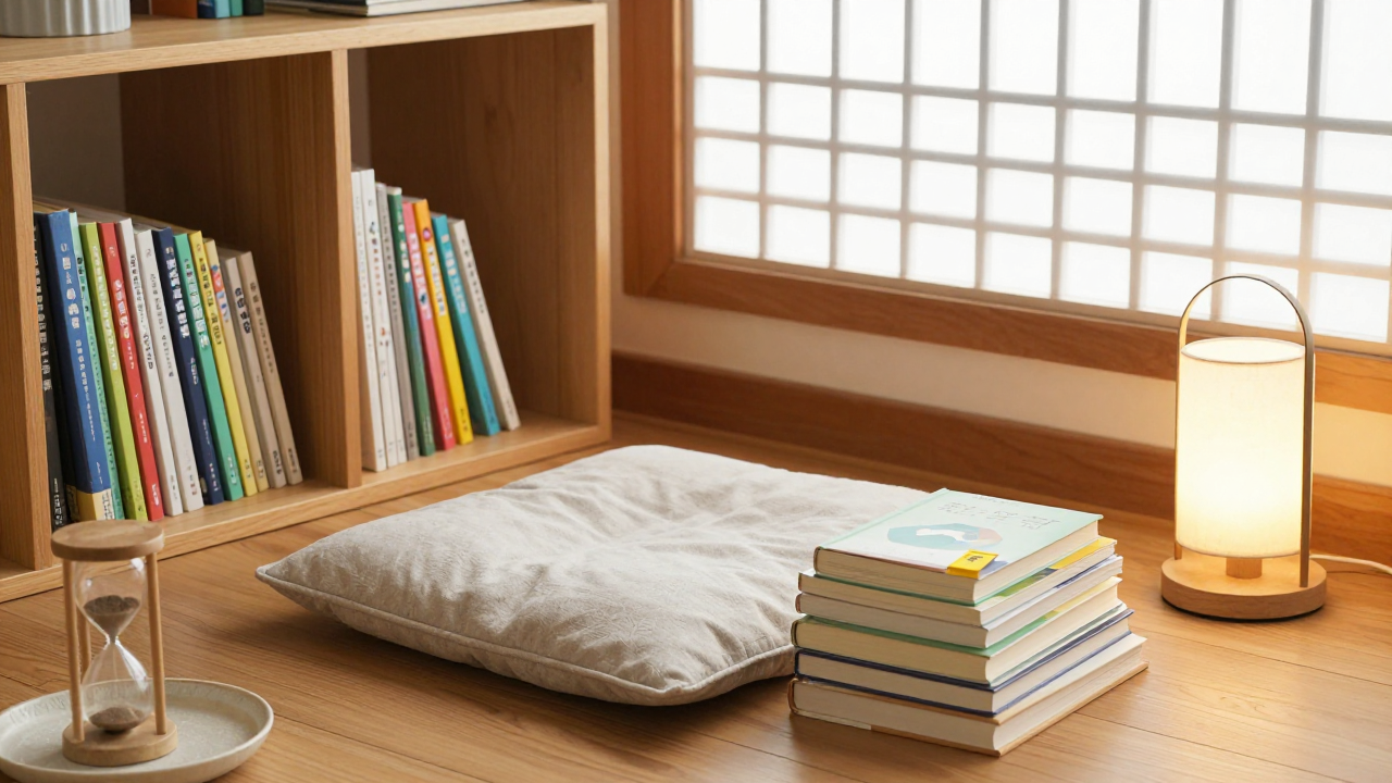 나무 바닥 독서 공간, 책장에 다채로운 책들, 쿠션, 책 더미 위 책갈피, 등불, 모래시계, 한지 창문 빛