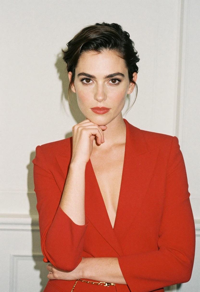 Ruby red blazer dress with gold chain belt for red carpet energy at home