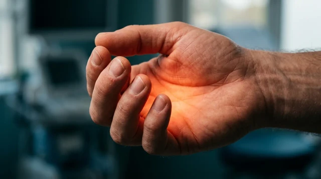 Close-up of hand with warm amber glow in palm suggesting internal body inflammation