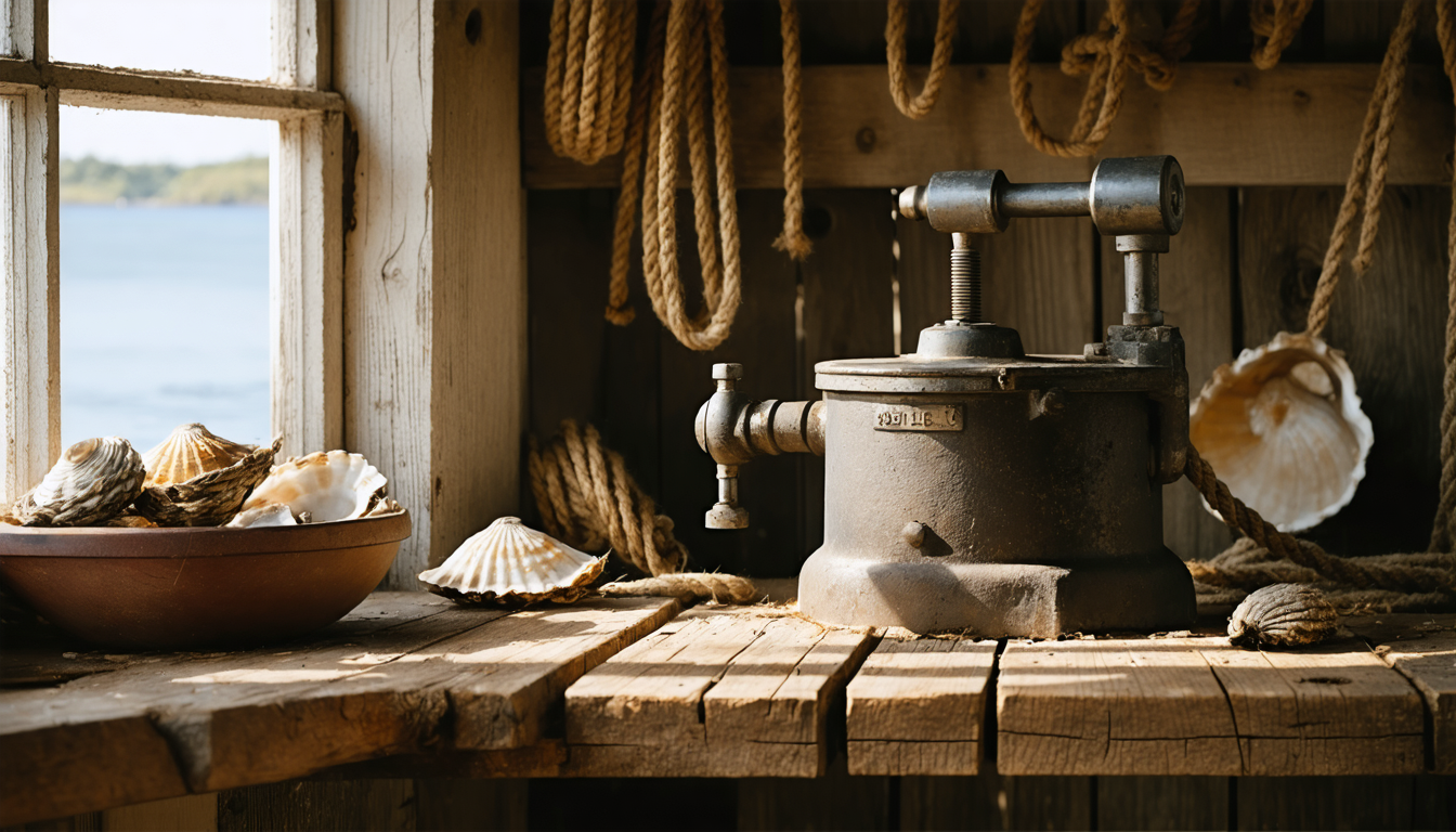 An old hand-operated centrifuge in a weathered Cape Cod oyster shack, surrounded by worn wooden surfaces