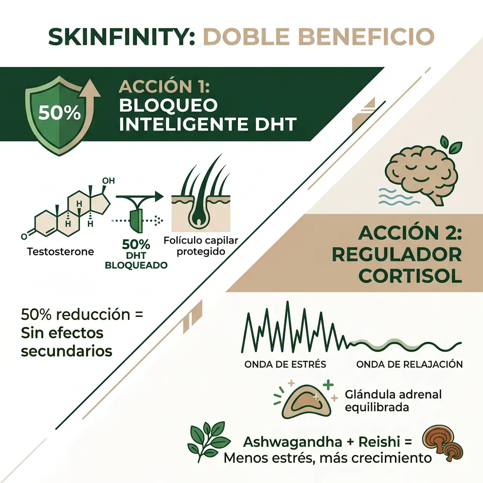 Skinfinity doble beneficio: bloqueo inteligente DHT y regulador de cortisol