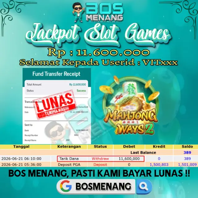 Tanggal 21 JUNI 2026 - JACKPOT SLOT GAMES - MAHJONG WAYS 2 (PG SOFT) Rp 11.600.000,-