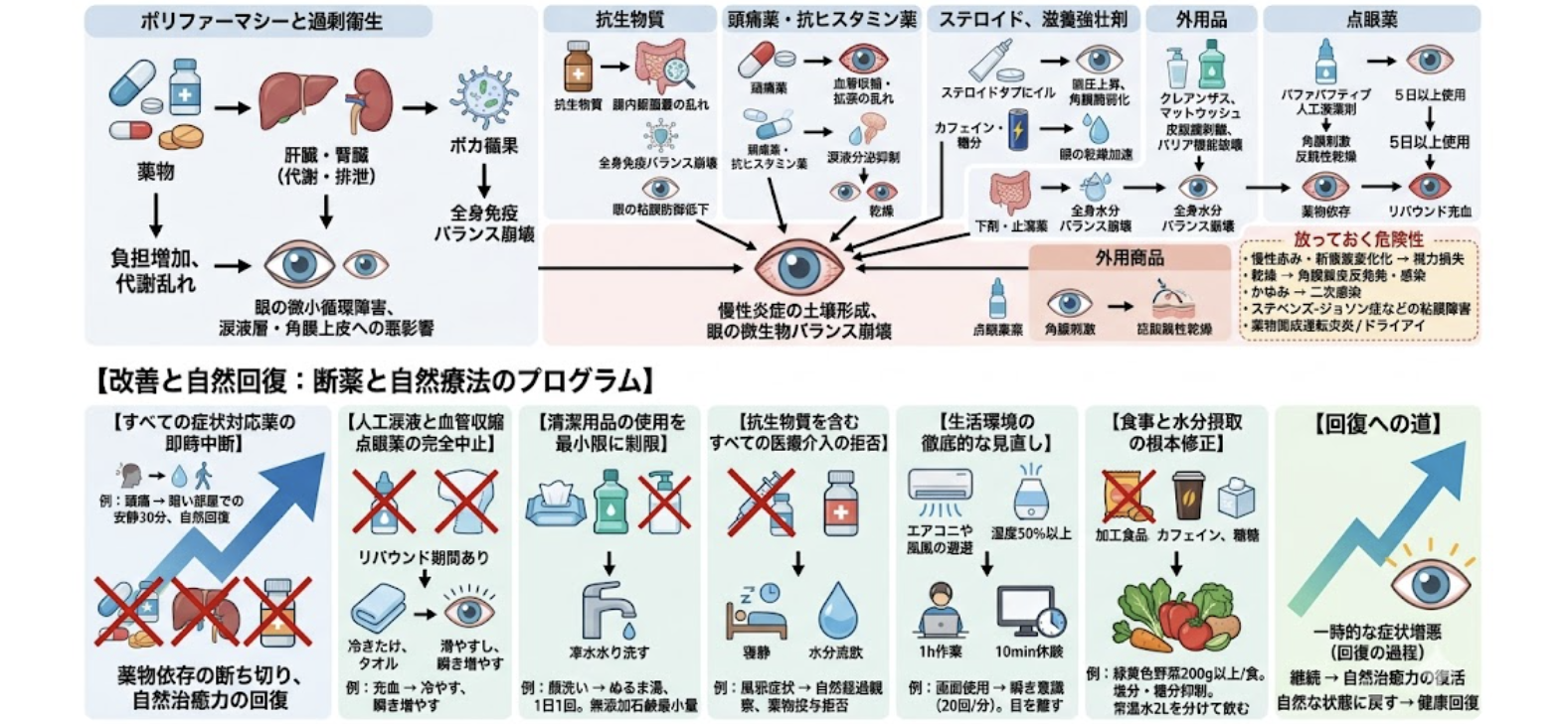 「薬をやめる勇気が眼を守る」  
抗生物質・鎮痛薬・点眼薬の常用は、眼の粘膜を破壊し乾燥・充血を慢性化させる。
薬を断ち、水分・睡眠・休養で自然治癒力を取り戻すことが、視力を守る唯一の道。