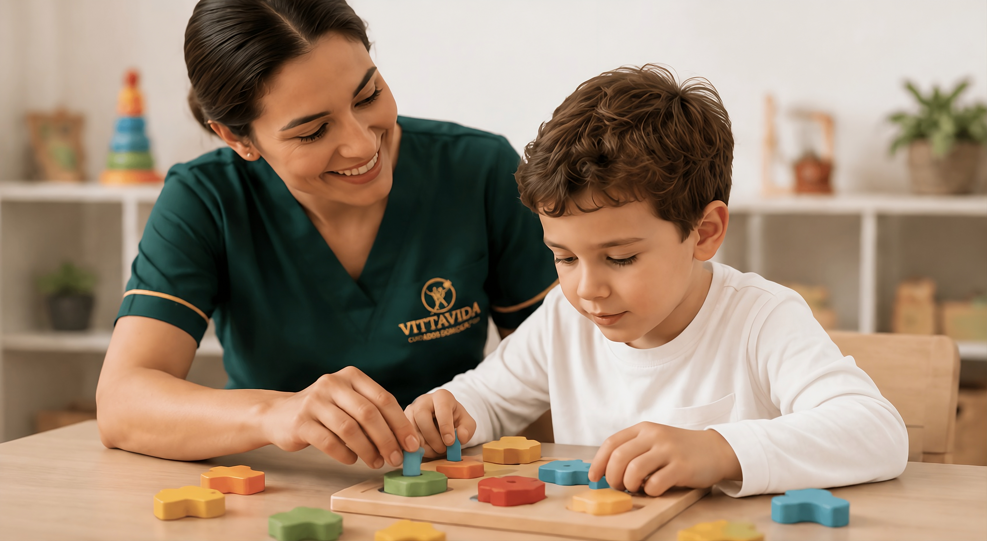 Cuidadora VITTAVIDA auxiliando criança em atividade educativa