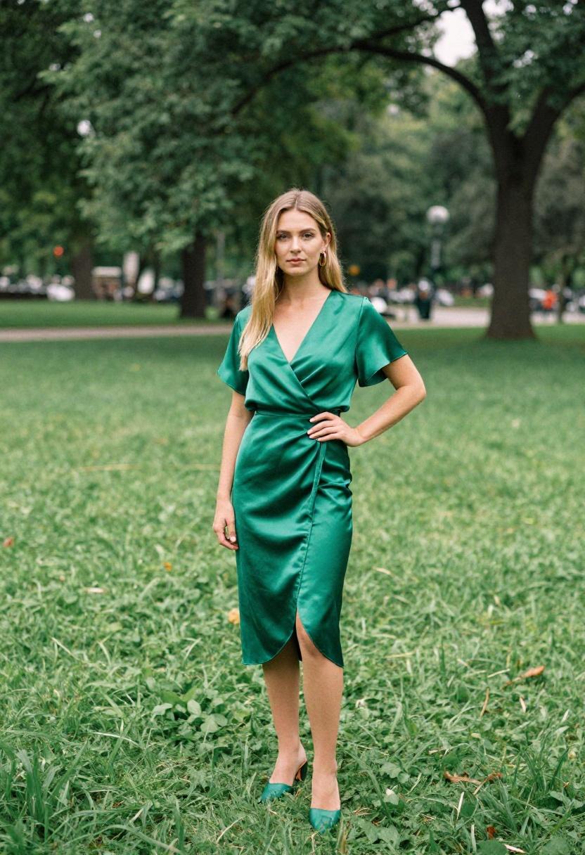Emerald green satin midi dress with bishop sleeves in sun-drenched park for Easter Sunday