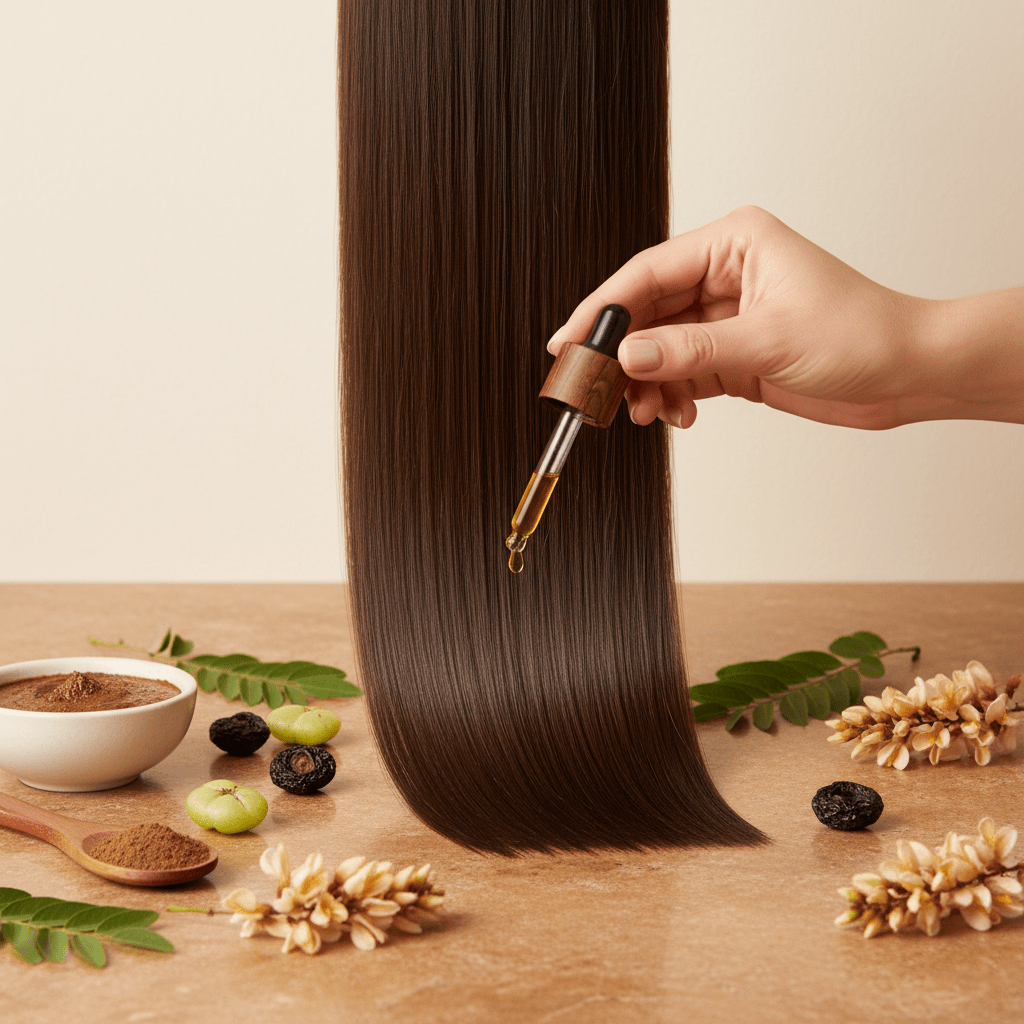 Spa-style hair care scene with amla seed oil and botanicals