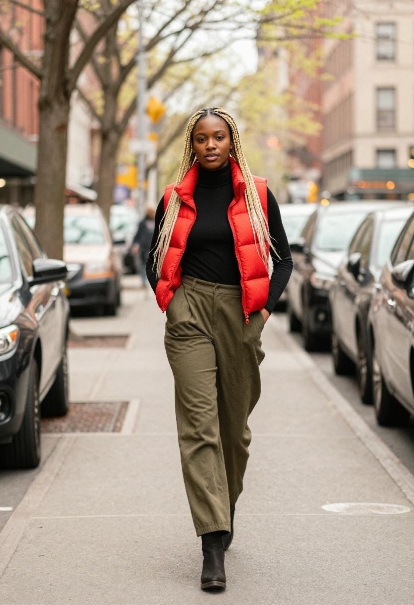 Cherry red puffer vest over black turtleneck and olive trousers for sophisticated street look