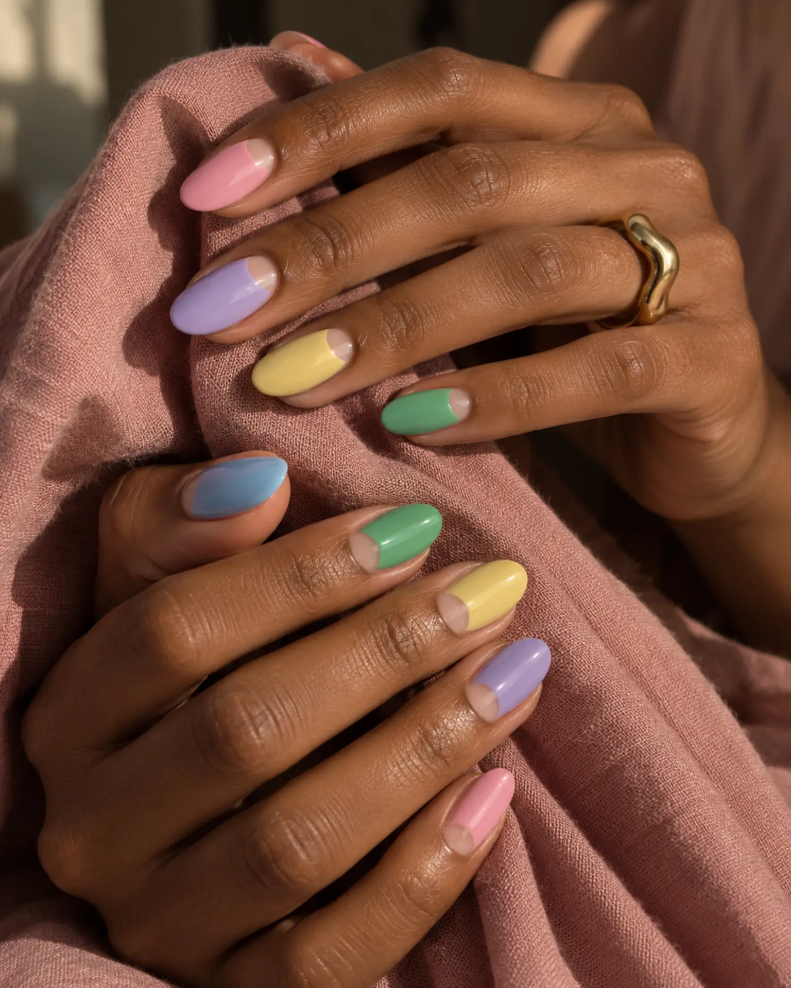 Easter Half-Moon Detail manicure inspiration for Easter nail ideas