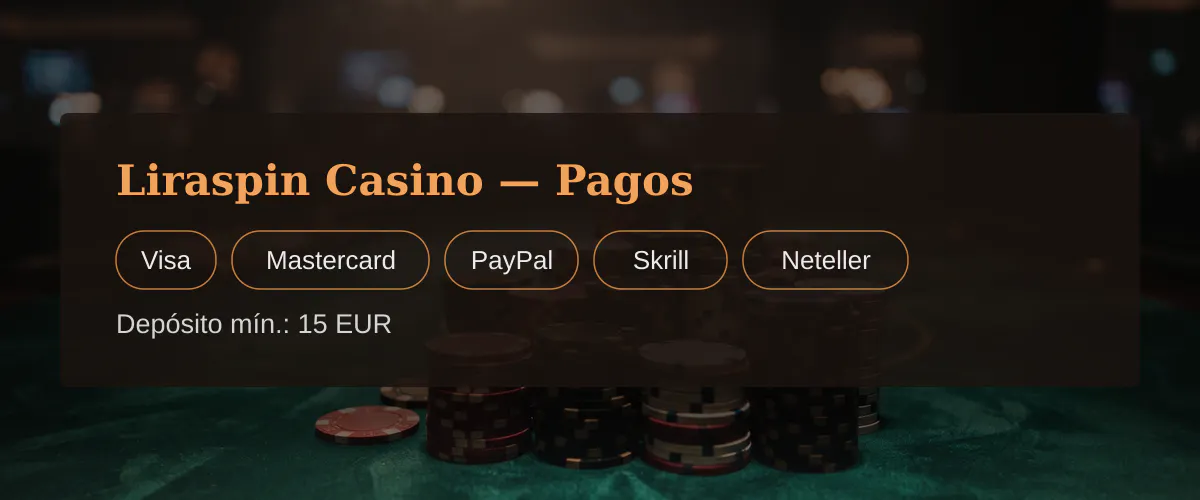 Liraspin Casino — Pagos: Visa, Mastercard, PayPal, Skrill, Neteller
