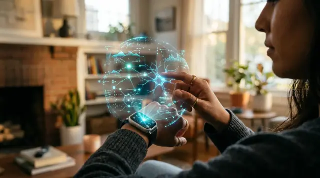 Hand interacting with holographic smartwatch display in warm modern living room, futuristic yet intimate mood