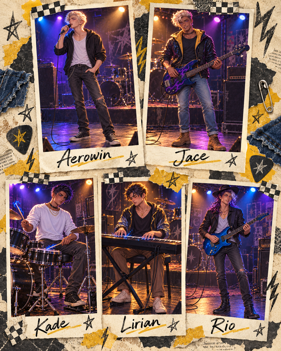 Starfall Rebellion member scrapbook featuring Aerowin, Jace, Kade, Lirian, and Rio.