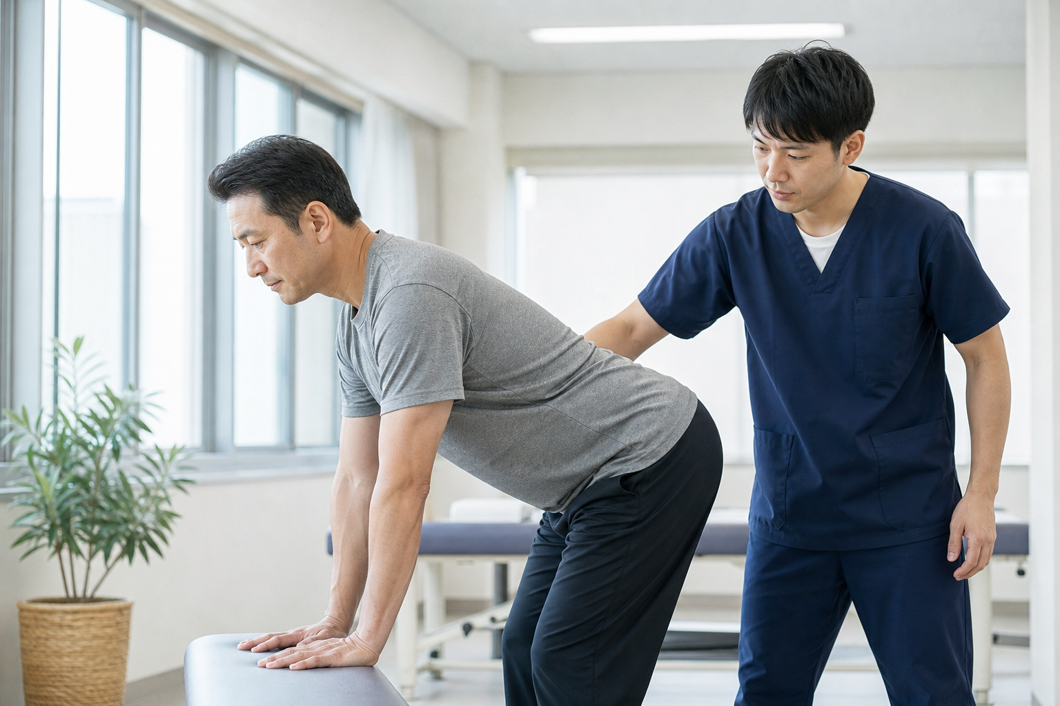 専門職が腰痛のある方の前屈動作を安全に評価している様子
