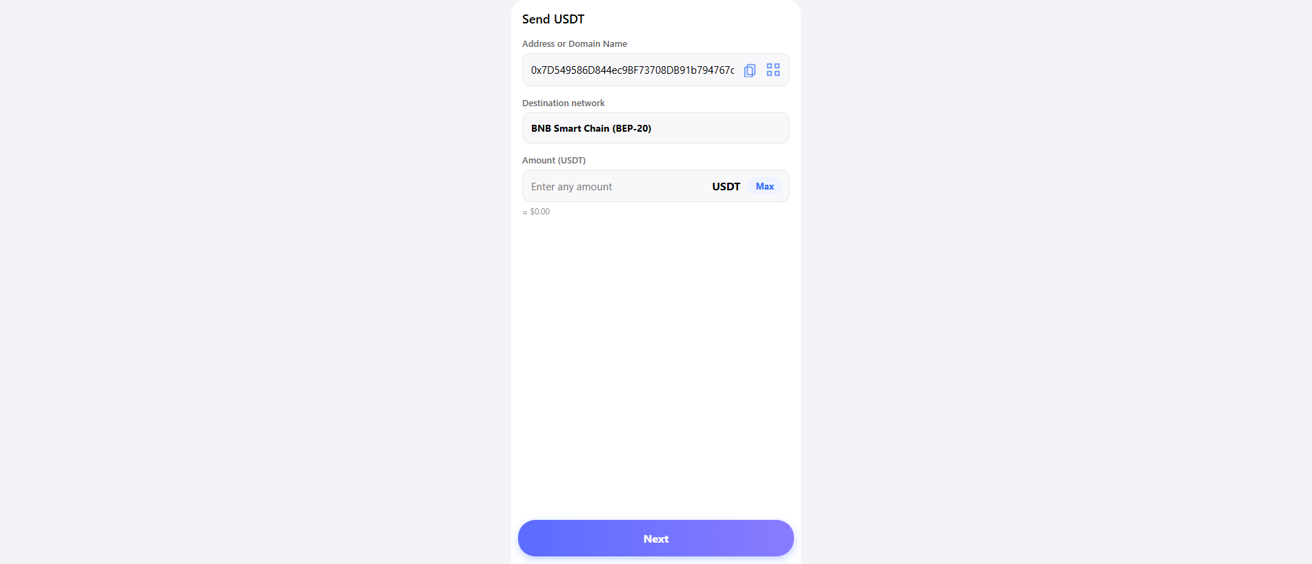 Forensic screenshot of sendusdtbnb.work showing the phishing page layout