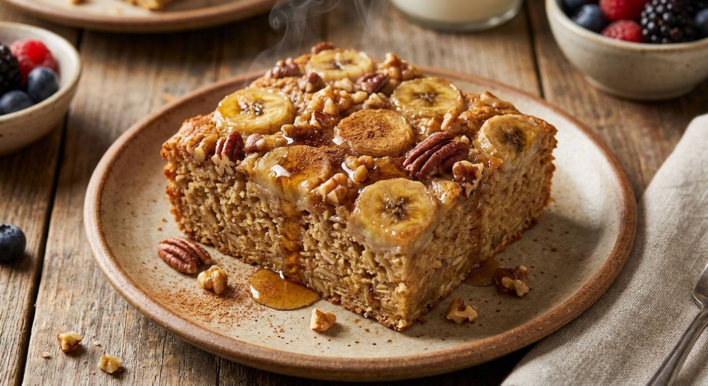Pieczona owsianka z bananem i orzechami.