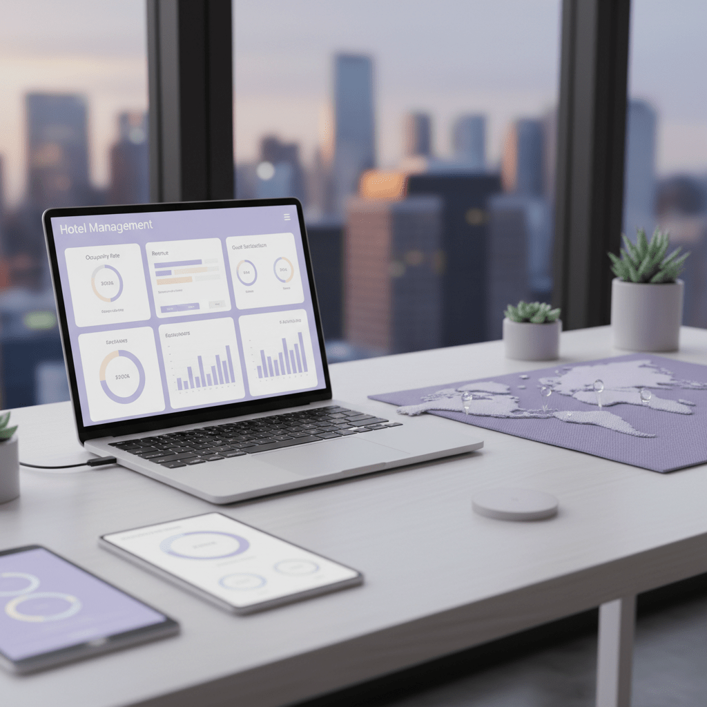 Hotel dashboard with booking analytics on a laptop beside a map