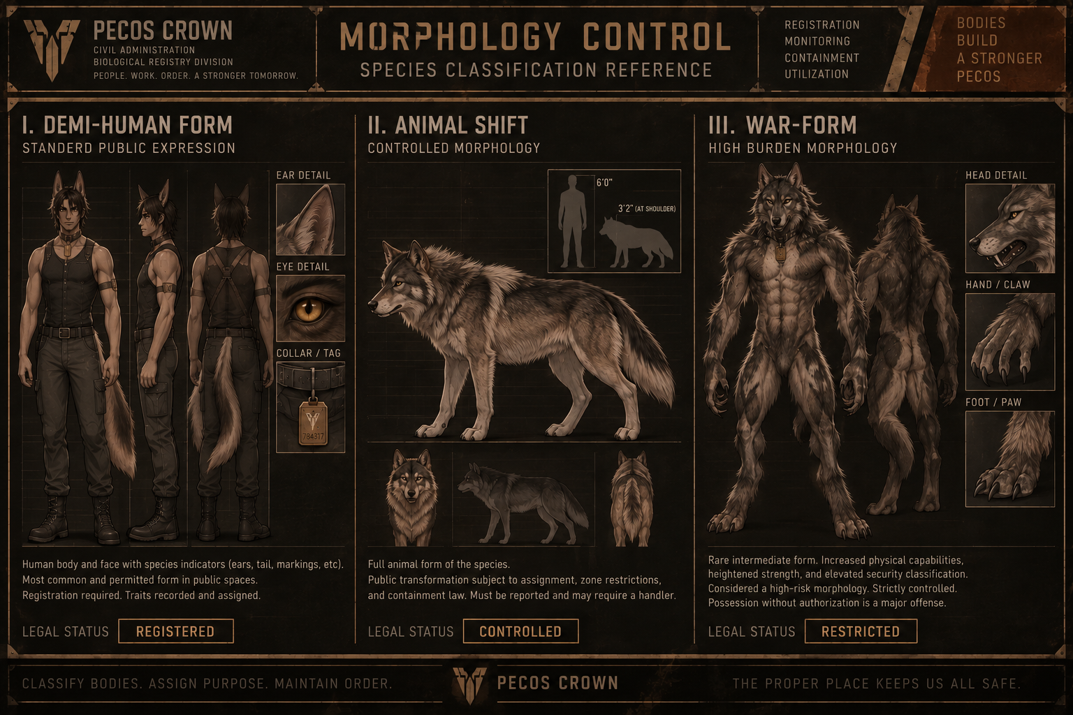Pecos Crown morphology classification showing demi-human form, animal shift, and war-form.