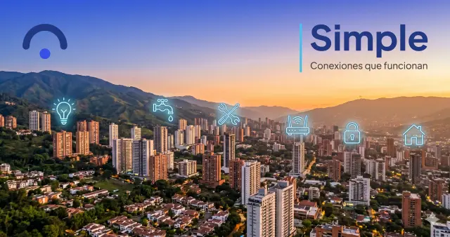 Vista panorámica de Medellín con íconos de servicios del hogar flotando sobre la ciudad