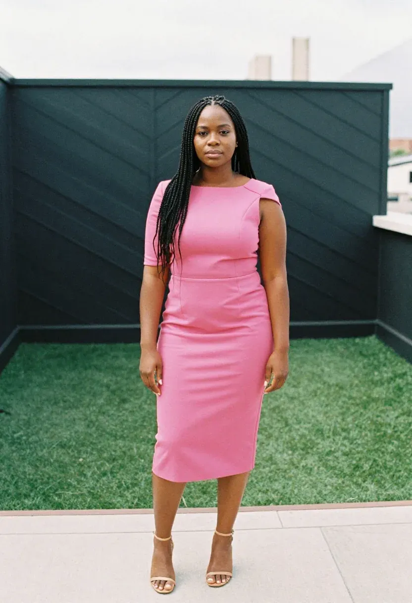 Curvy Black woman in a fuchsia pink sheath dress standing on an outdoor rooftop patio