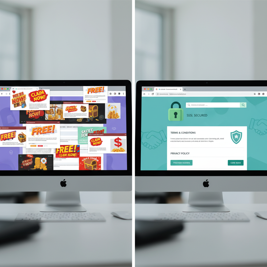 Сплит-скрин: слева — интерфейс поддельного сайта с агрессивными баннерами 'Бесплатно!', справа — интерфейс надежной площадки с четкими правилами и SSL-сертификатом.