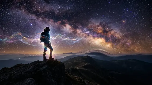 Silhouetted person on mountain ridge beneath cosmic sky with luminous particle streams flowing through them